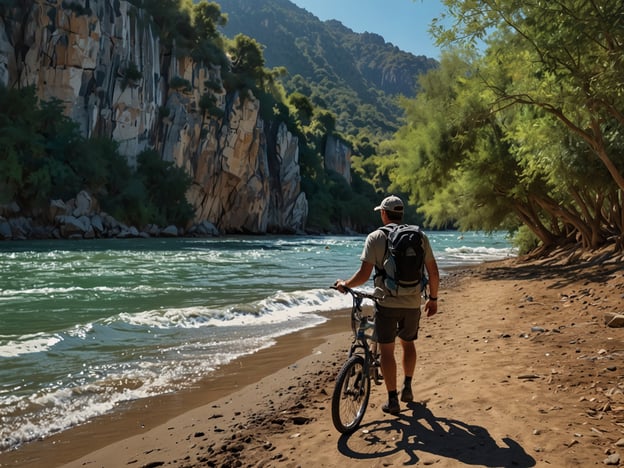 Auf dem Bild ist ein Naturliebhaber zu sehen, der mit seinem Fahrrad entlang eines beeindruckenden Flusses spaziert. Die Umgebung ist geprägt von hohen Felsen und üppigem Grün, was eine wunderschöne Kulisse für Abenteuer bietet.Aktivitäten für Naturliebhaber und Abenteurer könnten folgendes umfassen:- **Mountainbiken**: Die Zufahrt zu abgelegenen Pfaden und Wegen bietet die Möglichkeit für aufregende Radtouren.- **Wandern**: Erkunden der Umgebung zu Fuß, um die Natur und die Landschaft genauer zu erleben.- **Kayaking oder Rafting**: Den Fluss hinunter paddeln, um die Umgebung aus einer anderen Perspektive zu genießen.- **Naturfotografie**: Einfangen der Schönheit der Natur und der Tierwelt in dieser malerischen Landschaft.- **Picknicken**: Entspannen am Ufer des Flusses und die frische Luft genießen.Diese Aktivitäten machen den Aufenthalt in der Natur zu einem unvergesslichen Erlebnis.