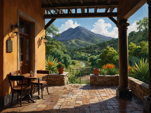 Auf dem Bild ist eine malerische Veranda zu sehen, die einen Blick auf eine grüne Landschaft mit Bergen im Hintergrund bietet. Ein Tisch mit zwei Stühlen ist aufgestellt, und die Umgebung ist einladend und ruhig.Condega ist ein Reisemagnet aufgrund seiner beeindruckenden natürlichen Schönheit und der atemberaubenden Landschaften. Die Gegend bietet zahlreiche Möglichkeiten für Outdoor-Aktivitäten wie Wandern, Radfahren und Vogelbeobachtungen. Zudem zieht die kulturelle Vielfalt, die köstliche lokale Küche und die herzliche Gastfreundschaft der Bewohner viele Touristen an. Die Kombination aus beeindruckenden Ausblicken und kulturellen Erlebnissen macht Condega zu einem begehrten Reiseziel.