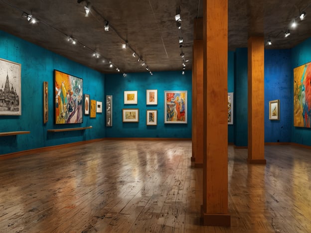 Auf dem Bild ist ein moderner Ausstellungsraum zu sehen, der mit Kunstwerken an den Wänden geschmückt ist. Die Wände sind in einem kräftigen Türkis gestrichen, während der Boden aus Holz besteht.In solch einem Raum könnten besondere Ausstellungen und Veranstaltungen stattfinden, beispielsweise Vernissagen von Künstlern, thematische Ausstellungen oder Kunstmärkte. Besucher hätten die Möglichkeit, verschiedene Stile und Techniken zu erleben, während die kunstvollen Werke in einem ansprechenden Ambiente präsentiert werden.