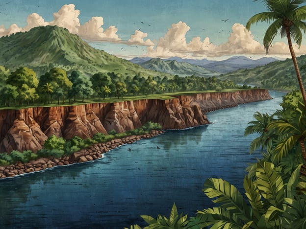 Auf dem Bild ist eine wunderschöne, tropische Landschaft mit einem Fluss zu sehen, der sich durch eine grüne Umgebung schlängelt. Die prächtigen Berge im Hintergrund und die üppige Vegetation deuten auf ein fruchtbares, naturbelassenes Gebiet hin.Geografisch gesehen hat der Río Coco, der in Mittelamerika verläuft und die Grenze zwischen Nicaragua und Honduras bildet, eine wichtige Bedeutung. Er dient nicht nur als Wasserquelle und Lebensraum für viele Tierarten, sondern auch als Verkehrsweg für die lokale Bevölkerung. Außerdem ist der Fluss von großer kultureller Relevanz, da er für zahlreiche Gemeinschaften in der Region eine wichtige Rolle spielt. Die Landschaft um den Río Coco ist geprägt von einer reichen Biodiversität und bietet Einblicke in die ökologischen Systeme Mittelamerikas.