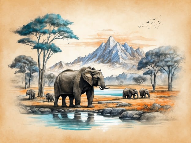 Auf dem Bild sind mehrere Elefanten in einer natürlichen Landschaft zu sehen, umgeben von Bäumen, Wasser und Bergen. Diese Darstellung unterstreicht die Schönheit und Vielfalt der Tierwelt.Schutzprogramme und Naturschutzprojekte sind entscheidend, um die Lebensräume der Elefanten zu schützen und ihre Populationen zu erhalten. Organisationen wie der WWF oder der African Wildlife Foundation arbeiten aktiv daran, Lebensräume vor Zerstörung zu bewahren, illegale Jagd zu bekämpfen und Gemeinden in den Schutz von Wildtieren einzubinden. Solche Projekte fördern auch das Bewusstsein für die Bedeutung der Biodiversität und tragen dazu bei, dass zukünftige Generationen diese majestätischen Tiere in ihrem natürlichen Lebensraum erleben können.