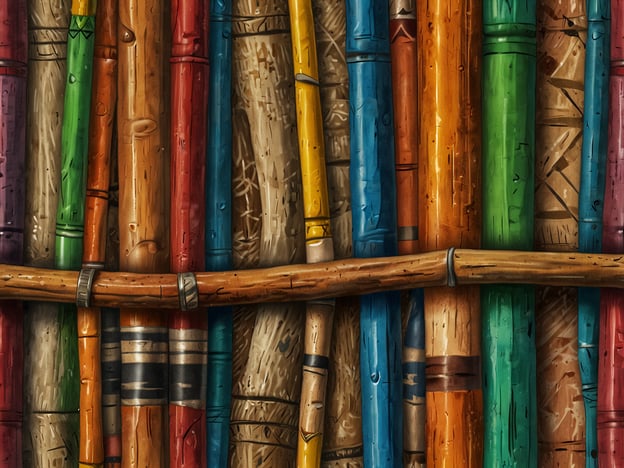 Auf dem Bild sind verschiedene farbige Röhren oder Stangen zu sehen, die aneinandergereiht sind. Dies könnte auf die Traditionen der indigenen Völker am Río Coco hinweisen, wo Materialien aus der Natur, wie Bambus und Holz, häufig zur Herstellung von Alltagsgegenständen und Kunstwerken verwendet werden.Die lebendigen Farben könnten die kulturelle Vielfalt und die Handwerkskunst der Gemeinschaften widerspiegeln, die entlang des Río Coco leben. Diese Röhren könnten möglicherweise Musikinstrumente wie Flöten darstellen, die in traditionellen Feierlichkeiten und Zeremonien eine wichtige Rolle spielen. Musik und Tanz sind essenzielle Elemente der Kultur in dieser Region, die oft Geschichten erzählen und die Gemeinschaft stärken.