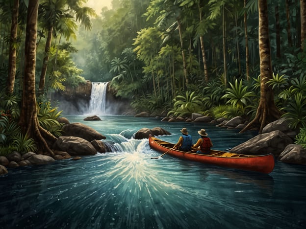 Auf dem Bild ist eine idyllische Szene am Río Coco zu sehen, wo zwei Personen in einem roten Kanu auf einem klaren Wasser paddeln. Um sie herum erstreckt sich eine üppige, grüne Dschungellandschaft, die von hohen Bäumen und tropischer Vegetation geprägt ist. Im Hintergrund plätschert ein Wasserfall und trägt zur malerischen Atmosphäre bei.Entlang des Río Coco gibt es viele Aktivitäten und Reiseziele, die Besucher genießen können. Dazu gehören:1. **Kajakfahren und Kanufahren**: Die ruhigen Gewässer des Río Coco bieten ideale Bedingungen für Wasseraktivitäten und ermöglichen es den Reisenden, die beeindruckende Natur zu erkunden.2. **Wanderungen im Dschungel**: Es gibt zahlreiche Wanderwege, die durch den Dschungel führen, wo man verschiedene Tier- und Pflanzenarten entdecken kann.3. **Besuche bei indigenen Gemeinschaften**: Der Río Coco ist auch Heimat für verschiedene indigene Völker, bei denen man Kultur und Traditionen kennenlernen kann.4. **Angeln**: Angeln ist eine beliebte Aktivität in den Gewässern des Río Coco, wo man verschiedene Fischarten fangen kann.5. **Naturbeobachtung**: Der Bereich ist reich an Biodiversität, ideal für Vogelbeobachtungen und das Entdecken anderer Wildtiere.Diese Erlebnisse ermöglichen es den Besuchern, die Schönheit und Vielfalt der Region rund um den Río Coco hautnah zu erfahren.