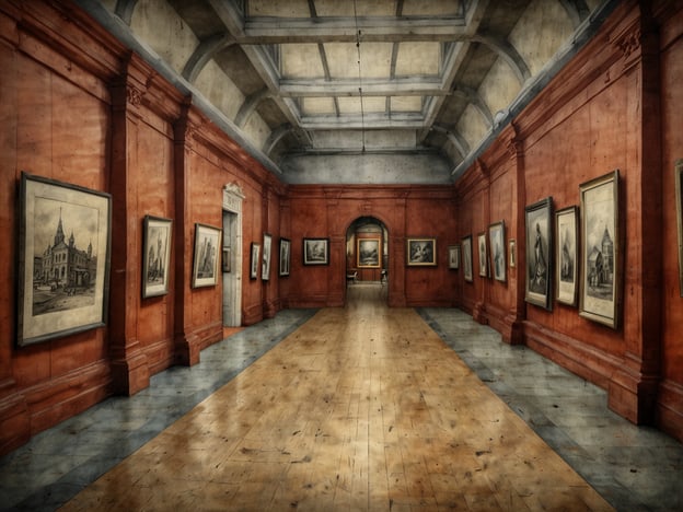 Auf dem Bild ist eine Kunstgalerie zu sehen, die von rot gestrichenen Wänden und einem Holzboden geprägt ist. Die Wände sind mit verschiedenen gerahmten Bildern geschmückt, welche vermutlich historische oder künstlerisch bedeutende Motive darstellen. Der lichte Raum vermittelt eine Atmosphäre von Ruhe und Reflektion, ideal für die Begegnung mit Kunstwerken aus der Vergangenheit.Die Gestaltung des Raumes und die Präsentation der Bilder erinnern an die Geschichte von Museen, die seit Jahrhunderten als Institutionen existieren, um Kunst und Kultur zu bewahren und der Öffentlichkeit zugänglich zu machen. Museen fungieren oft als Hüter der Vergangenheit, indem sie nicht nur Kunstwerke ausstellen, sondern auch deren Kontext in der Geschichte beitragen. Diese Räume laden Besucher dazu ein, die Sammlung zu erkunden und sich mit der Geschichte der Kunst auseinanderzusetzen.