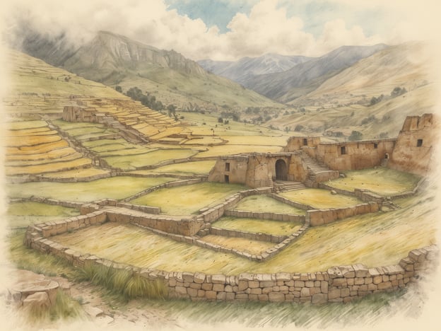 In der Darstellung sind die beeindruckenden Inka-Ruinen von Ingapirca zu sehen, umgeben von sanften Hügeln und weiten Feldern. Die Terrassen landwirtschaftlicher Felder sind in verschiedenen Gelbtönen gehalten und erstrecken sich über die Landschaft. Im Vordergrund sind gut erhaltene Steinstrukturen und Mauern sichtbar, die auf die architektonische Raffinesse der Inka hinweisen. Der Himmel ist leicht bewölkt, während im Hintergrund weitere Berge und Täler zu erkennen sind, die die beeindruckende natürliche Kulisse dieser bedeutenden archäologischen Stätte untermalen.