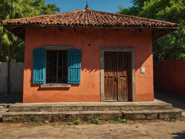 Das Bild zeigt ein charakteristisches Gebäude der Casa de los Tres Mundos, das in einem lebendigen orangefarbenen Farbton gestrichen ist. Die Architektur der Casa spiegelt die kolonialen Einflüsse wider, mit einem Satteldach, das mit roten Ziegeln gedeckt ist. Die Fenster sind in einem auffälligen Türkis gehalten und verleihen dem Gebäude einen freundlichen, einladenden Charakter.Die Atmosphäre um das Gebäude ist ruhig und harmonisch, umgeben von üppiger Vegetation, die den Raum lebendig wirken lässt. Die gestuften Steine vor dem Eingang und die handgefertigte Holztür unterstreichen die traditionelle Bauweise. Insgesamt strahlt die Casa de los Tres Mundos eine kreative und kulturelle Energie aus, die zur Kunst- und Kulturförderung in der Region beiträgt.