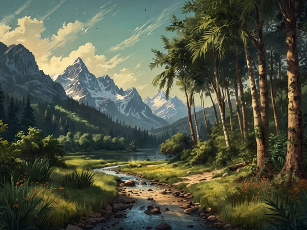 Auf dem Bild ist ein wunderschönes Naturparadies zu sehen. Die Szene zeigt majestätische Berge im Hintergrund, umgeben von üppigen Wäldern und einem klaren, sanft fließenden Bach. Die lebendige Vegetation, einschließlich üppigem Gras und bunten Blumen, trägt zur idyllischen Atmosphäre bei.In diesem Naturparadies könnten verschiedene Aktivitäten stattfinden, wie Wanderungen durch die malerische Landschaft, Vogelbeobachtung oder einfaches Entspannen am Ufer des Baches. Die friedliche Umgebung lädt dazu ein, die Natur zu genießen und sich von der Hektik des Alltags zu erholen.