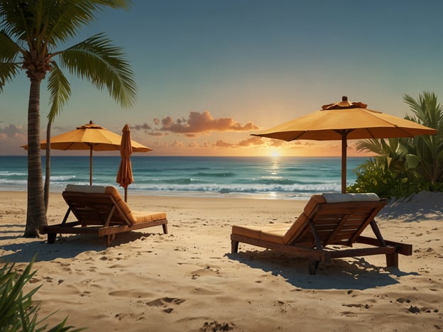Auf dem Bild ist ein schöner Strand bei Sonnenuntergang zu sehen. Zwei Liegestühle mit sonnengelben Schirmen stehen auf dem Sand, umgeben von Palmen und dem Meer im Hintergrund.**Tipps für deinen Besuch:**1. **Sonnencreme:** Vergiss nicht, Sonnencreme aufzutragen, um deine Haut vor UV-Strahlen zu schützen.2. **Wasser:** Halte dich hydratisiert, besonders bei warmem Wetter. Nimm genug Wasser mit.3. **Früh kommen:** Wenn du die Ruhe und den Sonnenaufgang genießen möchtest, komme frühzeitig an den Strand.4. **Reisezeit:** Plane deinen Besuch je nach Saison. Die Nebensaison kann weniger überfüllt und angenehmer sein.5. **Infrastruktur:** Erkundige dich nach Angeboten in der Nähe, wie Restaurants oder Liegenverleih, um deinen Tag angenehm zu gestalten.