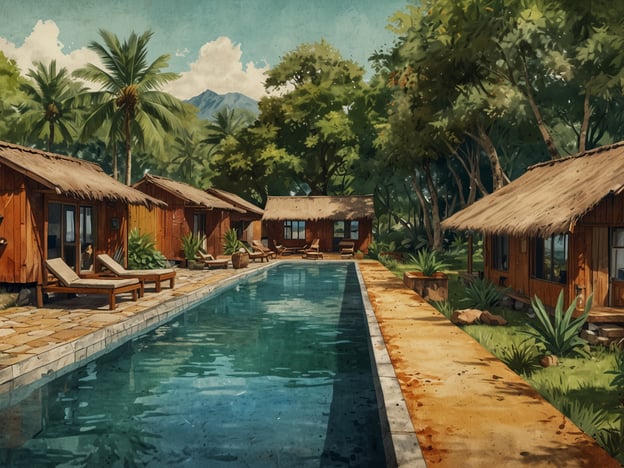 Auf dem Bild ist eine idyllische Landschaft zu sehen, die eine Reihe von Holzbungalows um einen klaren Pool zeigt. Umgeben von üppigem Grün, Palmen und natürlichen Elementen vermittelt dieser Ort ein Gefühl von Ruhe und Erholung.Im Kontext des nachhaltigen Tourismus auf der Isla de Mechapa könnte dieses Bild die Bemühungen verdeutlichen, Reisen umweltfreundlicher zu gestalten, indem natürliche Ressourcen geschont werden und die lokale Kultur respektiert wird. Solche Unterkünfte können durch ihre Bauweise und Integration in die Natur zur Erhaltung der Umwelt beitragen und gleichzeitig Besuchern ein authentisches Erlebnis bieten.