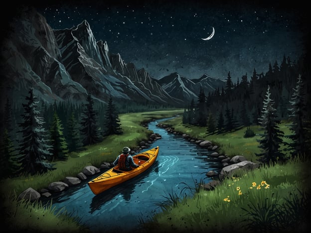 Auf dem Bild ist eine malerische Nachtlandschaft zu sehen, in der ein Kajakfahrer auf einem ruhigen Gewässer paddelt, umgeben von majestätischen Bergen und dichten Wäldern unter einem klaren Sternenhimmel.Für Besucher dieser Art von Umgebung gibt es viele Erlebnisse und Aktivitäten:1. **Kajakfahren**: Erkunden Sie Flüsse und Seen in der Umgebung und genießen Sie die Stille der Natur.2. **Wanderungen**: Nutzen Sie die zahlreichen Wanderwege in den Bergen, um die beeindruckende Aussicht zu genießen und die Tier- und Pflanzenwelt zu entdecken.3. **Sternenhimmel-Beobachtung**: Bei klaren Nächten können Besucher die Sterne und Planeten beobachten, vielleicht sogar an einer geführten Nachtwanderung teilnehmen.4. **Naturfotografie**: Machen Sie spektakuläre Fotos von der Landschaft und der Tierwelt.5. **Picknicks**: Genießen Sie ein Picknick am Ufer und lassen Sie die natürliche Schönheit auf sich wirken.6. **Wildbeobachtungen**: Halten Sie Ausschau nach Wildtieren, die in der Umgebung leben, wie z.B. Hirsche oder verschiedene Vogelarten.Diese Aktivitäten machen den Aufenthalt in dieser idyllischen Umgebung unvergesslich!