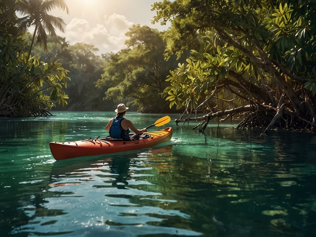 Auf dem Bild ist eine Person zu sehen, die in einem Kajak auf klarem Wasser paddelt, umgeben von üppiger, tropischer Vegetation. Dies erinnert an Abenteuer und Aktivitäten, die man auf den Isletas unternehmen kann. Hier können Besucher Kajakfahren, um die atemberaubende Landschaft zu erkunden und die vielfältige Tierwelt zu beobachten. Die ruhigen Gewässer und die dichte Vegetation bieten auch die Möglichkeit für Vogelbeobachtungen und das Entdecken versteckter Buchten, die ideal zum Entspannen und für Abenteuer in der Natur sind. Die Isletas sind zudem ein perfekter Ort für Fotografie und das Erleben der einzigartigen Flora und Fauna.