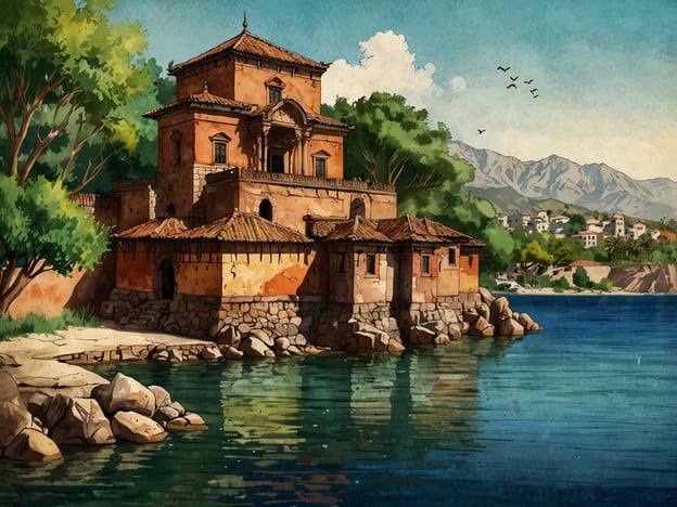 Auf dem Bild sieht man eine historische Architektur, die an die traditionellen Bauweisen in den Isletas, einer Gruppe von kleinen Inseln im Lago de Nicaragua, erinnert. Diese Inseln sind bekannt für ihre kulturelle Vielfalt und Geschichte, die sowohl indigene als auch koloniale Einflüsse umfasst.Die Häuser in der Darstellung könnten den typischen Stil der Region widerspiegeln, mit kräftigen Farben und terrakottafarbenen Dächern. Die Isletas waren einst wichtig für den Handel und die Fischerei und bieten heute eine einzigartige Mischung aus Natur und Kultur. Die Region ist auch Heimat für viele Vogelarten und bietet zahlreiche Freizeitmöglichkeiten, die Touristen und Einheimische anziehen.Die friedliche Szenerie mit dem Wasser und den Bergen im Hintergrund spiegelt die atemberaubende Landschaft wider, die diese Region prägt und die Kultur der Menschen, die hier leben, bereichert.