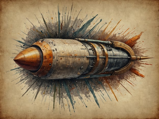 Auf dem Bild ist eine künstlerisch gestaltete Rakete oder ein ähnliches Projektil zu sehen, das von farbigen Spritzern umgeben ist. Diese Darstellung könnte symbolisch für Fortschritt und Innovation stehen.Im Kontext von Rubén Darío und seinem Einfluss auf die spanische Literatur lässt sich anmerken, dass seine Werke oft eine ähnliche Mischung aus Tradition und Neuheit verkörpern. Darío war eine zentrale Figur der Modernismo-Bewegung, die sich durch eine Erneuerung der poetischen Sprache und Form auszeichnete. So wie das Bild durch seine dynamische Darstellung ins Auge fällt, so stach auch Daríos Schreiben durch seine lebendige Bildsprache und den Einsatz innovativer Stilmittel hervor, was einen nachhaltigen Einfluss auf die spanische Literatur hatte.