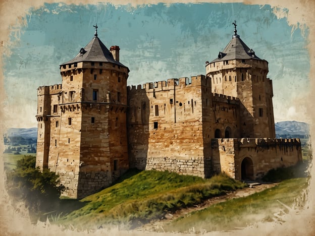 Auf dem Bild ist eine beeindruckende Festung zu sehen, die durch ihre monumentale Architektur besticht. Die Festung besteht aus massiven Steinmauern und mehrstöckigen Türmen, die typisch für mittelalterliche Bauweisen sind. Die runden Türme mit ihren spitzen Dächern vermitteln ein Gefühl von Verteidigungsfähigkeit und Macht.
Die Mauern der Festung sind aus hellen, grob bearbeiteten Steinen gefertigt, was ihr einen robusten und historischen Charakter verleiht. Die Fensteröffnungen sind strategisch platziert, um einen guten Blick auf die Umgebung zu ermöglichen und gleichzeitig Schutz zu bieten. Auch der Zutritt zur Festung erfolgt durch ein großes Tor, das praktische und defensive Aspekte vereint.
Die gesamte Anlage ist von einer grünen Landschaft umgeben, was im Kontrast zur starren und festungsartigen Struktur steht. Dieses Zusammenspiel von Architektur und natürlicher Umgebung schafft eine harmonische, aber auch eindrucksvolle Atmosphäre. Insgesamt reflektiert die Gestaltung der Festung sowohl die funktionale als auch die ästhetische Dimension mittelalterlicher Wehranlagen.