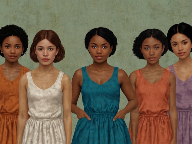 Auf dem Bild sind fünf Frauen in bunten Kleidern zu sehen, die nebeneinander stehen. Ihre verschiedenen Haarschnitte und Hauttöne spiegeln die Vielfalt der nicaraguanischen Kultur wider, die stark von indigenen, afrikanischen und europäischen Einflüssen geprägt ist. Die Präsentation dieser Frauen kann auch einen kulturellen Austausch symbolisieren, der die Identität und das Erbe Nicaraguas repräsentiert. Ihre Kleidung könnte eine Verbindung zu traditionellen nicaraguanischen Modestilen darstellen und somit einen visuellen Dialog über kulturelle Werte und Stile fördern.