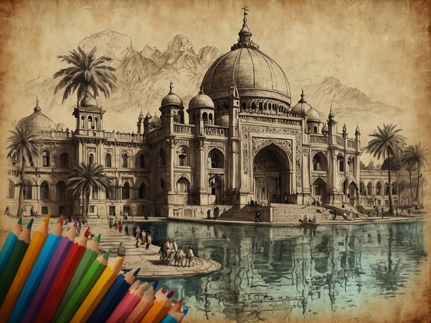 Auf dem Bild ist ein beeindruckendes historisches Gebäude zu sehen, das an einen Palast oder eine Moschee erinnert. Es hat große Kuppeln, kunstvolle Verzierungen und eine malerische Umgebung mit Palmen und Bergen im Hintergrund. Vor dem Gebäude fließt ein Gewässer, in dem sich das Bauwerk widerspiegelt.**Vielfältiges Angebot: Was erwartet dich?**Erwarte eine faszinierende Reise in die Architektur vergangener Zeiten, kunstvolle Details und eine harmonische Verbindung zur Natur. Du bist eingeladen, die Schönheit und den kulturellen Reichtum dieses Ortes zu entdecken, während du mehr über die Geschichte und den Einfluss der Architektur erfährst. Lass dich von den lebhaften Farben der Buntstifte inspirieren, die unter dem Bild angeordnet sind, während du deine eigene kreative Vision entfaltest.