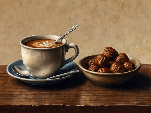 Auf dem Bild ist eine Tasse Kaffee mit einer hübschen Milchkunst zu sehen, die auf einem Teller sitzt. Neben der Tasse befindet sich eine Schüssel mit mehreren kleinen, wahrscheinlich süßen Leckereien.Im Mercado Oriental könnte man dazu kulinarische Highlights wie aromatischen türkischen Kaffee oder verschiedene traditionelle Süßigkeiten finden, die aus Datteln, Nüssen oder feinem Teig zubereitet sind. Diese Kombination bietet eine perfekte Balance zwischen dem intensiven Geschmack des Kaffees und der Süße der Snacks, ähnlich den lokalen Köstlichkeiten, die Besucher dort genießen können.