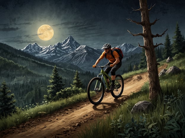 Auf dem Bild ist ein Mountainbiker zu sehen, der auf einem schmalen, kurvigen Pfad in einem Wald fährt. Die Szene spielt sich unter einem klaren Nachthimmel mit einem strahlenden Vollmond ab. Die umliegenden Berge und die dichten Bäume schaffen eine beeindruckende Kulisse für Outdoor-Aktivitäten.In einem Park könnte man ähnliche Erlebnisse haben, wie zum Beispiel:- **Mountainbiken**: Die Herausforderung, auf verschiedenen Trails zu fahren und die Natur zu genießen.- **Wandern**: Das Entdecken der Gegend zu Fuß und das Erleben der Ruhe der Natur.- **Fotografieren**: Die landschaftlichen Schönheiten und die Tierwelt festzuhalten.- **Sternenbeobachtung**: Nach Einbruch der Dunkelheit den klaren Himmel und die Sterne zu beobachten.Diese Aktivitäten bieten aufregende Erlebnisse in der Natur und die Möglichkeit, sich zu entspannen und die Schönheit der Umgebung zu genießen.