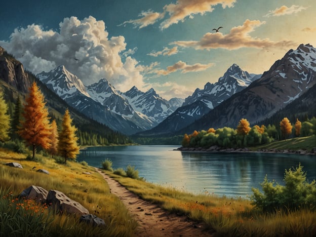 Auf dem Bild ist eine malerische Landschaft mit einem klaren See, umgeben von majestätischen Bergen und buntem Laub der Bäume zu sehen. Die Wolken am Himmel und das sanfte Licht sorgen für eine friedliche Atmosphäre.Die beste Reisezeit für den Besuch solcher Regionen ist normalerweise im Spätsommer bis frühen Herbst, insbesondere von September bis Oktober, wenn die Farben der Bäume am intensivsten sind und das Wetter angenehm mild ist.