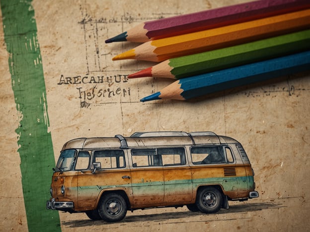 Auf dem Bild ist eine illustrative Darstellung eines klassischen Busses zu sehen, umgeben von bunten Buntstiften. Der Bus, der nostalgische Erinnerungen an Roadtrips weckt, symbolisiert ein umweltfreundliches Reisen, besonders wenn man ihn mit nachhaltigen Praktiken, wie Carsharing oder Umrüstung auf alternative Antriebe, in Verbindung bringt.Die Buntstifte symbolisieren Kreativität und die Möglichkeit, Ideen für nachhaltige Projekte zu skizzieren. Eine nachhaltige Zukunft erfordert ein Umdenken in der Mobilität sowie innovative Ansätze, um unsere Umwelt zu schützen. Der Kontrast zwischen dem klassischen Fahrzeug und bunten Farben könnte die Hoffnung auf eine lebendige und vielfältige Zukunft mit umweltverträglichen Lösungen darstellen.