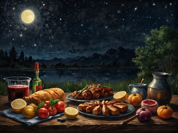Auf dem Bild ist ein nächtliches kulinarisches Erlebnis in der Natur zu sehen. Ein reich gedeckter Tisch liegt unter einem klaren Sternenhimmel, beleuchtet vom Licht des Mondes.Verschiedene köstliche Speisen sind liebevoll arrangiert: frisches Brot, ein Teller mit gegrilltem Fleisch, und eine Auswahl an buntem Obst wie Zitronen, Tomaten und andere Früchte. Dazu gibt es ein Glas mit einem roten Getränk und eine Flasche Öl, die das Ambiente der Naturkulisse perfekt ergänzen.Diese Szenerie lädt dazu ein, in geselliger Runde die frische Luft und die Schönheit der Nacht zu genießen, während man die kulinarischen Köstlichkeiten schätzt.