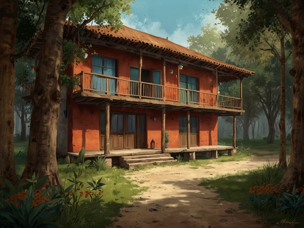 Auf dem Bild ist eine Lodge zu sehen, die sich in einer malerischen Umgebung befindet. Sie hat eine orangefarbene Fassade und ist von einem Wald umgeben, was eine ruhige und abgeschiedene Atmosphäre schafft.Besonderheiten der Lodge sind der großzügige Balkon, der durch Holzstützen getragen wird, und die Fenster mit blauen Rahmen, die dem Gebäude einen charmanten Charakter verleihen. Die Holzstufen führen zu einer breiten Veranda, die zum Entspannen einlädt. Um die Lodge herum sind verschiedene Pflanzen und Blumen zu sehen, die das natürliche Ambiente verstärken und dem Ort eine einladende Wirkung verleihen.