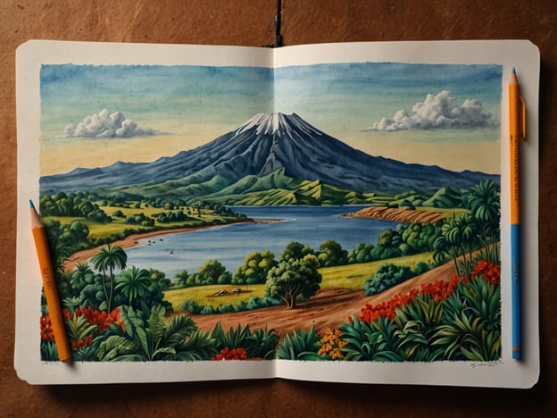 Auf dem Bild ist eine schöne Landschaft mit einem Vulkan, einem See und üppiger Vegetation zu sehen. Die bunten Pflanzen und Bäume verleihen der Szene lebendige Farben. Die Wolken am Himmel und die sanften Hügel im Hintergrund machen das Bild besonders malerisch.**Reise-Erinnerungen und Tipps:**1. **Vulkan-Erkundungen:** Wenn du einen Vulkan besuchst, informiere dich über geführte Touren. Oft gibt es Wanderwege, die atemberaubende Ausblicke bieten.2. **Natur-Bewahrung:** Achte darauf, die Natur zu respektieren. Folge den markierten Wegen und hinterlasse keinen Müll.3. **Fotomöglichkeiten:** Halte deine Kamera bereit! Solche Landschaften sind ideal für atemberaubende Fotos, besonders bei Sonnenauf- oder -untergang.4. **Lokal Essen:** Probiere lokale Spezialitäten in der Nähe des Sees oder der vulkanischen Region. Oft gibt es kleine Restaurants mit frischen Zutaten.5. **Aktivitäten:** Informiere dich über Aktivitäten wie Kajakfahren oder Wandern in der Umgebung. Diese können ein tolles Erlebnis bieten, um die Landschaft hautnah zu erleben.Viel Spaß beim Entdecken und Erleben solcher wunderschönen Orte!