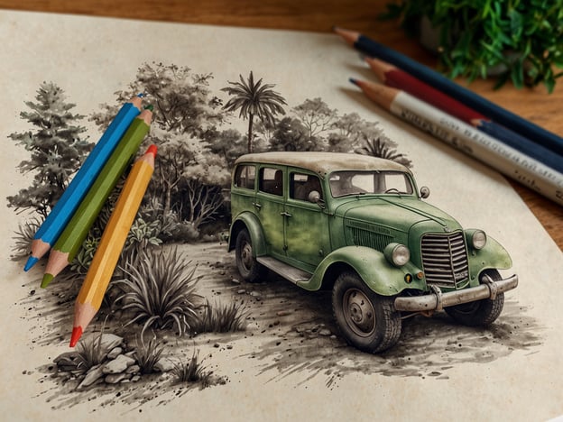 Das Bild zeigt eine Zeichnung eines grünen alten Autos, das von einer typischen Naturlandschaft umgeben ist, mit Bäumen und Pflanzen im Hintergrund. Um das Auto herum liegen Buntstifte in verschiedenen Farben.In Quelantaro, wo nachhaltige Praktiken immer mehr an Bedeutung gewinnen, könnte dieses Bild die Verbindung zwischen Mobilität und Naturschutz symbolisieren. Es erinnert daran, dass wir beim Fahren und bei der Wahl unserer Verkehrsmittel darauf achten sollten, die Natur zu schützen und umweltfreundliche Alternativen zu fördern. Nachhaltige Verkehrskonzepte und ein verantwortungsvoller Umgang mit unseren Ressourcen sind entscheidend, um die Schönheit der Natur zu bewahren.