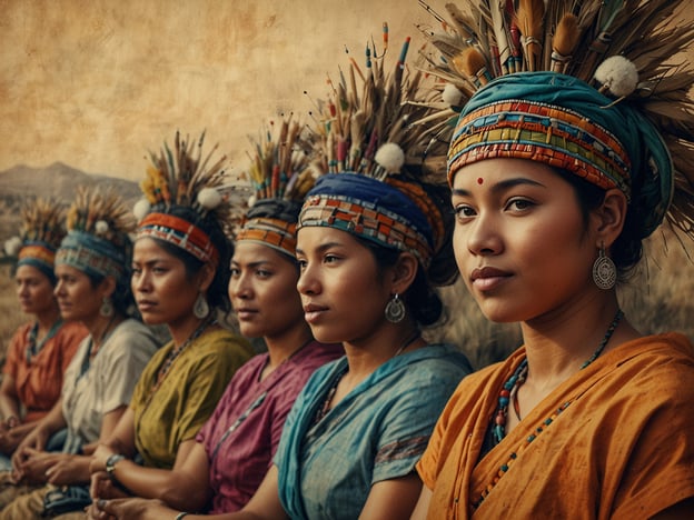 Auf dem Bild sind mehrere Frauen zu sehen, die traditionelle Kleidung tragen und kunstvoll geschmückte Kopfbedeckungen mit Federn und Bändern tragen. Diese Art der Kleidung und der Kopfschmuck deuten auf eine bestimmte kulturelle Zugehörigkeit hin, möglicherweise zu indigenen oder traditionellen Gemeinschaften.Die Frauen scheinen an einem ritualisierten oder kulturellen Anlass teilzunehmen, was in vielen Kulturen üblich ist. Traditionelle Kleidungsstücke sind oft Ausdruck von Identität, Geschichte und Gemeinschaft. Sie können symbolische Farben und Muster enthalten, die bestimmte Bedeutungen haben oder Geschichten erzählen.In vielen Kulturen spielen Gemeinschaftsrituale, Feste und Versammlungen eine wichtige Rolle, um Traditionen zu bewahren und die soziale Bindung zu stärken. Der konzentrierte Gesichtsausdruck der Frauen könnte darauf hinweisen, dass sie in eine bedeutungsvolle, möglicherweise spirituelle oder kulturelle Zeremonie involviert sind.