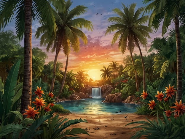 Auf dem Bild ist eine idyllische tropische Szene zu sehen, die die Lage der Finca: Ein Paradies in Nicaragua wunderbar widerspiegelt. Es zeigt einen ruhigen Wasserlauf mit einer kleinen Wasserfall-Szene, umgeben von üppigen Palmen und bunten Blumen. Der Sonnenuntergang malt den Himmel in warmen Farben, was eine friedliche und einladende Atmosphäre schafft. Die gesamte Umgebung strahlt ein Gefühl von Ruhe und natürlicher Schönheit aus, ideal für eine entspannende Auszeit.