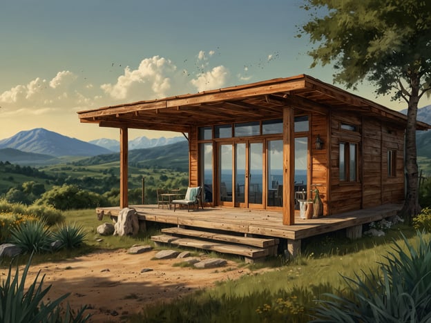 Auf dem Bild ist eine ansprechend gestaltete Öko-Lodge zu sehen, die harmonisch in die natürliche Umgebung integriert ist. Die Lodge zeigt eine Holzbauweise, die sowohl Robustheit als auch Gemütlichkeit ausstrahlt.Der Eingangsbereich ist großzügig mit einer Terrasse gestaltet, die Platz für bequeme Sitzmöglichkeiten bietet. Hier können Gäste die Aussicht auf die umliegenden Berge und die idyllische Landschaft genießen. Die großen Fenster sorgen für viel Tageslicht und einen nahtlosen Übergang zwischen Innen- und Außenbereich, was den Komfort erhöht.Insgesamt strahlt die Einrichtung der Öko-Lodge mit minimalistischen, aber stilvollen Möbeln einen ruhigen und einladenden Charakter aus. Die umgebende Natur und die nachhaltige Bauweise schaffen eine entspannende Atmosphäre, ideal für Erholungssuchende.