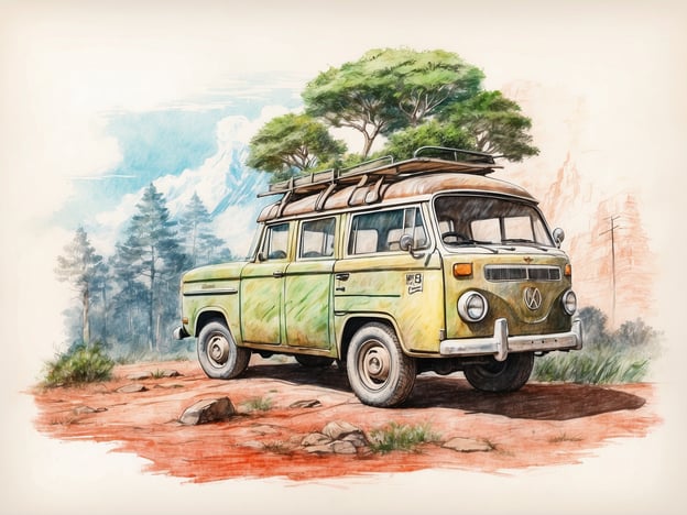 Auf dem Bild ist ein nostalgisches Fahrzeug, ein VW-Bus, zu sehen, das in einer natürlichen Umgebung abgebildet ist. Dieses Bild könnte in Zusammenhang mit Umweltschutz und nachhaltigem Tourismus stehen, da der VW-Bus oft mit einem Gefühl von Abenteuer, Freiheit und Verbindung zur Natur assoziiert wird.Nachhaltiger Tourismus fördert das Erkunden der Natur und die Wertschätzung von Landschaften, während gleichzeitig darauf geachtet wird, die Umwelt zu schützen. Solche Fahrzeuge können symbolisch für Reisen stehen, die darauf abzielen, nachhaltige Praktiken zu unterstützen und die Schönheit der Natur zu bewahren. Es könnte ein Aufruf sein, umweltbewusste Entscheidungen zu treffen, während man die wunderbaren Orte entdeckt, die unser Planet zu bieten hat.