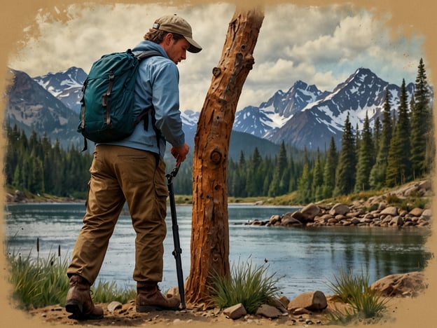 Auf dem Bild ist eine Person zu sehen, die an einem malerischen See im Freien steht. Die Person trägt einen Rucksack und hält einen Wanderstock. Im Hintergrund sieht man majestätische Berge, die teilweise mit Schnee bedeckt sind, sowie dichte Wälder. Die Szene strahlt eine ruhige und natürliche Atmosphäre aus, ideal für Outdoor-Aktivitäten.Wenn Sie einen Besuch in solch einer Umgebung planen, denken Sie daran, geeignete Wanderschuhe und wetterfeste Kleidung mitzubringen sowie ausreichend Wasser und Snacks für die Wanderung.