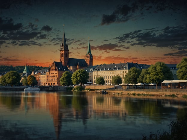 Auf dem Bild ist eine malerische Stadtszene zu sehen, die eine Uferpromenade am Wasser zeigt, umgeben von historischen Gebäuden und einer schönen Landschaft. Die Architektur hat eine charmante, altehrwürdige Ausstrahlung, und es scheint, als ob das Bild bei Sonnenuntergang aufgenommen wurde, was eine warme Atmosphäre schafft.Wenn Sie nach Monheim am Rhein reisen möchten, liegt die Stadt in Nordrhein-Westfalen, Deutschland. Sie ist gut mit dem Auto oder öffentlichen Verkehrsmitteln zu erreichen. Von Düsseldorf aus erreichen Sie Monheim in etwa 30 Minuten mit dem Auto. Es gibt auch regelmäßige Zugverbindungen, die bequem zu nutzen sind. Die Stadt bietet eine reizvolle Umgebung und zahlreiche Möglichkeiten für Aktivitäten am Rhein.