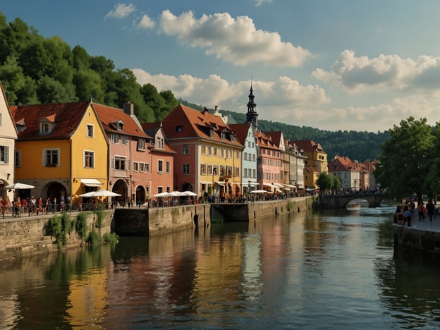 Auf dem Bild ist ein malerischer Stadtteil zu sehen, der typisch für viele alte europäische Städte ist. Die bunten Häuser mit roten Dächern erinnern stark an die Architektur in kleinen Städten an Flüssen in Deutschland.Besonders charakteristisch sind:- **Die farbigen Fassaden**: Sie verleihen der Uferpromenade einladenden Charme und spiegeln oft die historische Bauweise wider.- **Die Uferpromenade**: Menschen sitzen in Cafés oder bummeln entlang des Wassers, was oft ein beliebter Ort für Lokals und Touristen ist.- **Die Brücke**: Sie könnte historische Bedeutung haben und verbindet oft zwei Teile der Stadt, während sie gleichzeitig als Blickfang dient.Insgesamt vermittelt das Bild eine lebendige Atmosphäre und zeigt die Nähe zur Natur, mit grünen Hügeln im Hintergrund, die typisch für ländliche deutsche Regionen sind.