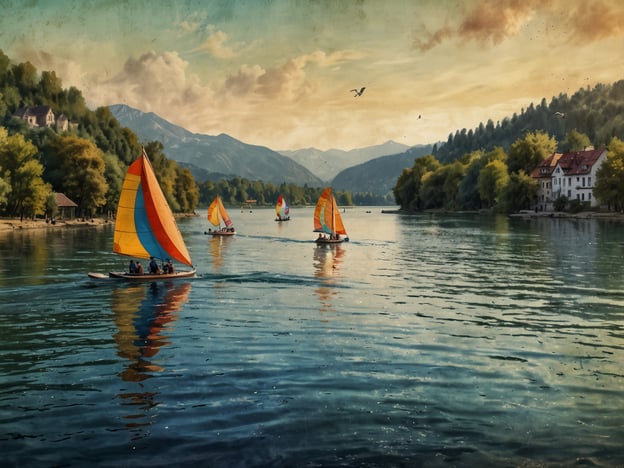 Auf dem Bild sind Segelboote auf einem ruhigen Gewässer zu sehen, umgeben von einer malerischen Landschaft mit Bergen und Bäumen.In Monheim gibt es ähnliche Freizeitmöglichkeiten. Hier kann man im Monheimer Wald spazieren gehen oder Rad fahren. Die nahegelegenen Flüsse und Seen bieten hervorragende Möglichkeiten zum Segeln, Kajakfahren oder einfach zum Entspannen am Wasser. Zudem gibt es regelmäßig Veranstaltungen, die sich um Wassersport und Naturaktivitäten drehen, was zu einem aktiven Lebensstil einlädt.