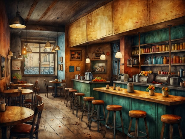 Auf dem Bild ist eine gemütliche Café-Atmosphäre zu sehen, die einladend wirkt. Die Holztheke und die Tische erzählt von einer lokalen Gastronomie, wo man sich wohlfühlen kann.Die orangefarbenen Früchte und das frische Gemüse auf der Theke deuten auf eine saisonale Küche hin und könnten auf gesunde, lokale Köstlichkeiten hinweisen.Das Café könnte eine Vielzahl von kulinarischen Angeboten bieten, von frisch gepressten Säften über duftenden Kaffee bis hin zu kleinen Snacks, die mit regionalen Zutaten zubereitet werden. Die liebevolle Einrichtung und das warme Licht schaffen eine perfekte Umgebung, um lokale Spezialitäten zu genießen und die Atmosphäre zu genießen.