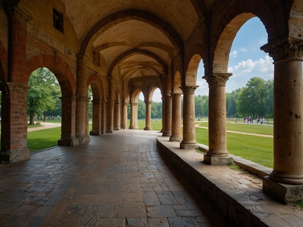 Auf dem Bild ist ein schöner Arkadengang zu sehen, der von Säulen gestützt wird. Diese Art von Architektur ist oft in historischen Gärten und Parks zu finden, die sowohl Erholung als auch Schönheit bieten.Einige sehenswerte Orte, die ähnliche architektonische Elemente aufweisen, sind:1. **Schlosspark Wilhelmshöhe** in Kassel - Ein beeindruckender Park mit historischen Gebäuden und einem prachtvollen Schloß.2. **Zwinger** in Dresden - Ein herausragendes Beispiel barocker Architektur, umgeben von wunderschönen Gartenanlagen.3. **Schlossgarten in Ludwigshafen** - Ein weiterer schöner Garten, ideal für Spaziergänge und entspannende Momente.4. **Garten von Schloss Schönbrunn** in Wien - Berühmt für seine prächtigen Gärten und beeindruckenden Gebäude.Diese Orte bieten für jeden Geschmack etwas, sei es Geschichte, Kunst oder einfach nur Naturerlebnis.