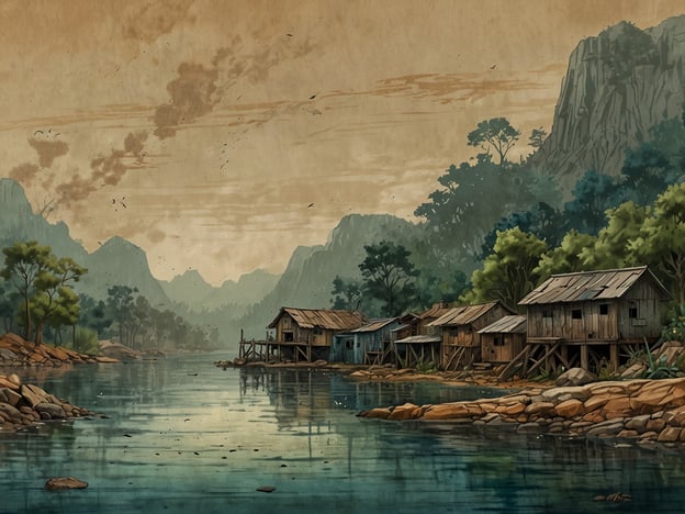 Auf dem Bild sind einfache, über dem Wasser gebaute Hütten zu sehen, die am Ufer eines ruhigen Gewässers liegen, umgeben von einer grünen, bewaldeten Landschaft mit Bergen im Hintergrund.Ökologische Aspekte und Herausforderungen:1. **Wasserressourcen**: Die Abhängigkeit der Siedlungen vom Gewässer zeigt die Bedeutung sauberer Wasserquellen für menschliche Siedlungen. Gleichzeitig besteht die Gefahr der Wasserverschmutzung durch Müll oder Abwässer, was die Wasserqualität beeinträchtigen kann.2. **Biodiversität**: Die umliegende Natur könnte einen wertvollen Lebensraum für zahlreiche Tier- und Pflanzenarten bieten. Die Veränderung oder Zerstörung dieser Ökosysteme durch menschliche Aktivitäten könnte die Biodiversität gefährden.3. **Erosionsgefahr**: Der Bau von Hütten an Gewässern kann die natürliche Erosion der Uferlandschaft verstärken, insbesondere bei starken Regenfällen oder Hochwasser.4. **Klimawandel**: Eine solche Region könnte durch den Klimawandel betroffen sein, was zu veränderten Wetterbedingungen, steigenden Wasserständen und extremen Wetterereignissen führen kann, die die Lebensweise der dort lebenden Menschen beeinträchtigen.5. **Nachhaltige Lebensweisen**: Die Menschen in der Region müssen möglicherweise nachhaltige Praktiken anwenden, um ihre Umwelt zu schützen und die Ressourcen langfristig zu erhalten, was eine Herausforderung darstellt, insbesondere wenn wirtschaftliche Interessen im Spiel sind.Insgesamt zeigt das Bild eine harmonische, jedoch auch vulnerable Beziehung zwischen Mensch und Natur, die sowohl Chancen als auch Herausforderungen mit sich bringt.
