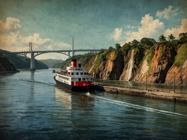 Auf dem Bild ist ein malerischer Fluss zu sehen, durch den ein prächtiges Schiff fährt. Im Hintergrund erhebt sich eine beeindruckende Brücke, die die Landschaft überquert. Die Ufer sind von steilen Klippen und üppigem Grün gesäumt, und es gibt einen Wasserfall, der eine schöne Naturszene schafft.Diese Szenerie könnte beispielweise in einem tropischen Urlaubsgebiet liegen, wo Touristen Bootsausflüge unternehmen, um die Natur zu erkunden und die spektakuläre Aussicht zu genießen. Solche Erlebnisse bieten häufig die Gelegenheit, atemberaubende Landschaften zu sehen und die lokale Flora und Fauna zu entdecken. In der Umgebung könnten zudem Wanderwege und Aussichtspunkte vorhanden sein, die einen weiteren Blick auf die umgebende Schönheit ermöglichen.