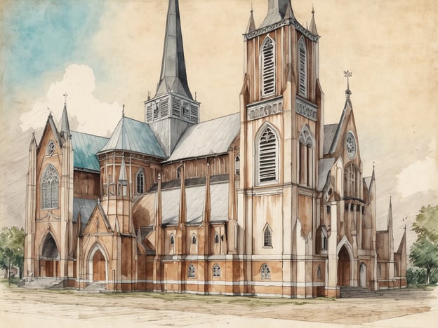 Die St. George's Cathedral ist eine beeindruckende Holzkirche mit hohen spitzen Türmen und einem markanten, hellen Fassadenstil. Die architektonischen Details zeigen gotische Elemente, während die Dachkonstruktion mit blauem Blech überzogen ist. Der Kirchenbau ist von einer grünen Landschaft umgeben, die den historischen Charakter der Kirche unterstreicht. Der Himmel im Hintergrund ist klar mit sanften Wolken, was dem Bild eine friedliche Atmosphäre verleiht.