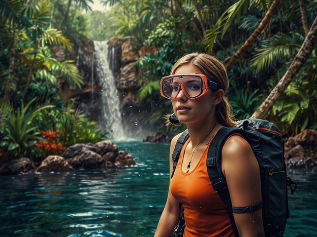 Auf dem Bild ist eine abenteuerlustige Person zu sehen, die in einer tropischen Umgebung mit üppiger Vegetation und einem Wasserfall steht. Diese idyllische Karibiklandschaft lädt zu verschiedenen Aktivitäten ein:1. **Schnorcheln**: Die Person trägt eine Schnorchelausrüstung, was auf Erkundungen der bunten Unterwasserwelt hinweist.2. **Wanderungen**: Die Umgebung ist perfekt für aufregende Wanderungen durch die Wildnis, um die Natur zu genießen und verborgene Wasserfälle zu entdecken.3. **Schwimmen**: Der glitzernde Wasserfall und das klare Wasser laden dazu ein, sich zu erfrischen und im Paradies zu schwimmen.4. **Fotografieren**: Solch eine malerische Kulisse bietet zahlreiche Chancen für beeindruckende Naturfotografien.5. **Birdwatching**: In einer so reiche Flora und Fauna gibt es viele Gelegenheiten, exotische Vögel und andere Tiere zu beobachten.Diese Aktivitäten machen das Erlebnis in dieser paradiesischen Umgebung unvergesslich für Abenteuerlustige!