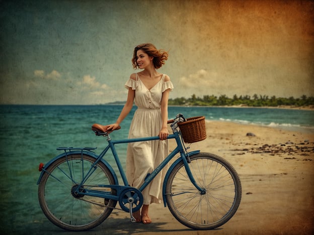 Auf dem Bild ist eine Frau zu sehen, die in einem weißen Kleid an einem Strand steht und ein blaues Fahrrad mit einem Korb hält. Der Strand wird von sanften Wellen umspült, und im Hintergrund sieht man eine grüne Küstenlandschaft.Hier sind einige Tipps für deinen perfekten Aufenthalt in Bocas del Toro:1. **Fahrradverleih nutzen**: Wie auf dem Bild, ist das Radfahren eine großartige Möglichkeit, die Inseln zu erkunden. Viele Orte bieten günstige Fahrradverleih an.2. **Strände besuchen**: Verpasse nicht die wunderschönen Strände wie Playa Estrella und Red Frog Beach, ideal zum Entspannen und Schwimmen.3. **Snorkeling und Tauchen**: Bocas ist bekannt für seine beeindruckende Unterwasserwelt. Achte darauf, eine Tour zu buchen, um die bunten Korallenriffe und die vielfältige Meeresfauna zu erleben.4. **Einheimisches Essen probieren**: Genieße die lokale Küche in den vielen kleinen Restaurants und Beachbars. Besonders empfehlenswert sind frische Meeresfrüchte.5. **Inselhopper-Touren**: Mach eine Tour zu den verschiedenen Inseln, um die Schönheit der Region zu entdecken—jede Insel hat ihren eigenen Charme.6. **Entspannung**: Nehme dir Zeit, einfach am Strand zu entspannen und die atemberaubenden Sonnenuntergänge zu genießen.Viel Spaß in Bocas del Toro!