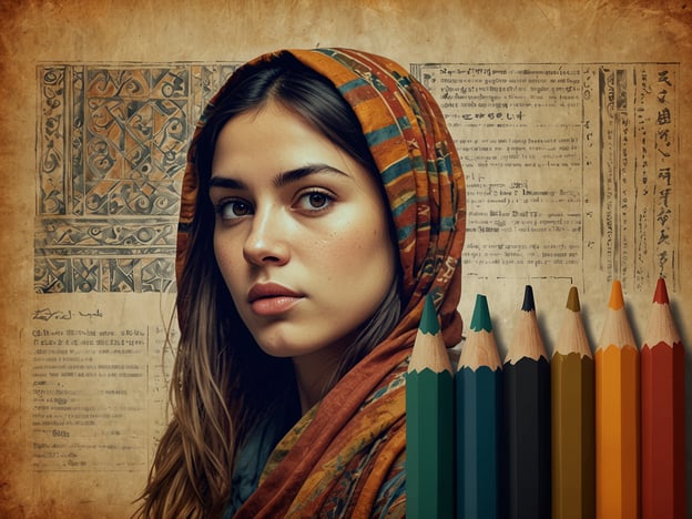 Auf dem Bild ist eine junge Frau mit einem farbenfrohen Kopftuch zu sehen, die vor einer Kulisse aus historisch anmutenden Schriftrollen und Ornamenten steht. In der unteren Bildhälfte sind verschiedene Buntstifte abgebildet.Der Einfluss der Kultur auf die Architektur wird in diesem Kontext sichtbar, da die ornamentalen Muster im Hintergrund an verschiedene architektonische Stile erinnern, die oft kulturelle und historische Wurzeln haben. Diese Stile spiegeln die Ästhetik und Werte einer Gesellschaft wider, und die modische Darstellung der Frau kann ebenfalls kulturelle Identität und Tradition symbolisieren. Der Einsatz von Farben und Mustern in der Kleidung zeigt, wie kulturelle Elemente in der Gestaltung sowohl in der Mode als auch in der Architektur miteinander verwoben sind.