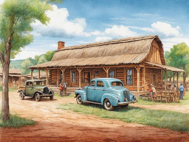 Auf dem Bild ist eine beeindruckende Darstellung eines Museumsdorfes zu sehen. Im Vordergrund stehen zwei historische Autos, ein grünes und ein blaues, die eine nostalgische Atmosphäre vermitteln.In der Mitte des Bildes sieht man ein großes Holzgebäude mit einem Reetdach, das möglicherweise als Wohnhaus oder Dorfgasthaus dient. Vor dem Gebäude sind mehrere Personen zu sehen, die miteinander interagieren und das ländliche Leben darstellen.Im Hintergrund erkennt man kleinere Holzhäuser, die typisch für ein Dorf sein könnten, sowie Bäume, die zur natürlichen Umgebung beitragen. Insgesamt zeigt das Bild verschiedene Bereiche des Museumsdorfes, die das Leben und die Kultur vergangener Zeiten auf authentische Weise widerspiegeln.