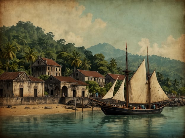 Das Bild zeigt eine malerische Küstenlandschaft mit einem Segelschiff, das im Wasser liegt, sowie verschiedenen Gebäuden und tropischen Palmen im Hintergrund. Dies erinnert an die historischen Kulissen von Portobelo, einer Stadt in Panama, die im 16. Jahrhundert gegründet wurde.Portobelo wurde als wichtiger Hafen für den Handel mit Gold und anderen Rohstoffen aus Südamerika gegründet. Die Stadt war besonders während der Kolonialzeit von Bedeutung, als sie als Einkaufs- und Exportzentrum diente. Im 17. und 18. Jahrhundert war sie ein zentraler Knotenpunkt für den Handel zwischen Europa und den Kolonien, was zu einem florierenden, aber auch oft umkämpften Handelsplatz führte.Die Ruinen, die oft in Bildern von Portobelo zu sehen sind, zeugen von der einstigen Pracht und dem wirtschaftlichen Aufschwung der Stadt. Sie sind ein faszinierendes Zeugnis der kolonialen Geschichte und der Bedeutung des Handels in dieser Region.