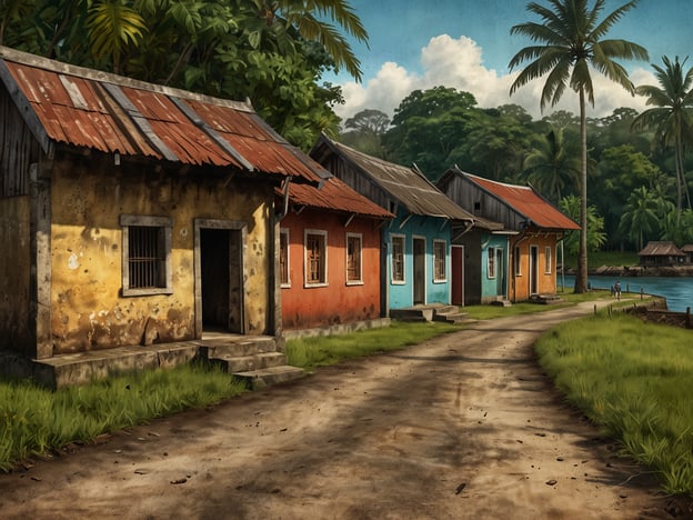 Auf dem Bild sind farbenfrohe, verfallene Häuser zu sehen, die entlang eines schmalen Weges stehen. Die Architektur und die verwendeten Farben erinnern an die typischen Bauten in Küstensch communities, wie sie in Portobelo, Panama, zu finden sind.Portobelo hat eine reiche kulturelle Bedeutung und ein bewegtes Erbe. Diese Stadt war im 17. und 18. Jahrhundert ein wichtiger Hafen für den Handel mit Gold und anderen wertvollen Waren aus Südamerika. Die Stadt spielte eine zentrale Rolle im transatlantischen Handel und war ein bedeutendes Zentrum für den Sklavenhandel.Heute ist Portobelo bekannt für seine Mischung aus afro-kulturellen Traditionen und dem spanischen kolonialen Erbe. Feste wie das „Festival de los Diablos y Congos“ zelebrieren die Afrikanische Kultur und ihre Einflüsse auf die lokale Gemeinschaft. Das Bild spiegelt somit nicht nur die architektonische Schönheit, sondern auch die kulturelle Vielfalt und das historische Erbe dieser bedeutenden Region wider.