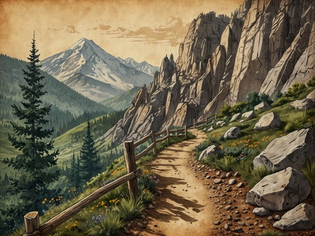 Auf dem Bild ist eine malerische Landschaft mit Bergen, Felsen und einem Wanderweg zu sehen. Es gibt dichte Nadelbäume und eine blühende Wiese, die eine einladende Atmosphäre für Wanderer schafft.**Die besten Wanderwege für jedes Niveau:**1. **Einsteiger (leicht)**: - **Wanderweg zum Wasserfall**: Ein flacher Pfad, der durch Wälder führt und zu einem atemberaubenden Wasserfall endet.2. **Fortgeschrittene (mittel)**: - **Bergblick-Runde**: Ein mäßig schwieriger Weg, der auf einen Aussichtspunkt führt, von dem aus man einen herrlichen Blick auf die umliegenden Berge hat.3. **Experten (schwierig)**: - **Gipfelbesteigung**: Ein anspruchsvoller Trail mit steilen Anstiegen und schmalen Pfaden, der die Wanderer bis zum Gipfel eines hohen Berges führt.Egal welches Niveau, die Natur erdet und inspiriert!