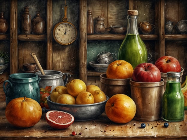 Auf dem Bild sind verschiedene frische Früchte zu sehen, darunter Äpfel, Orangen und Grapefruits, die auf rustikalen Holzregalen und in Töpfen angeordnet sind. Diese Früchte sind kulinarische Highlights, die oft in regionalen Gerichten verwendet werden.Die Äpfel könnten für einen klassischen deutschen Apfelstrudel verwendet werden, während die Orangen und Grapefruits in erfrischenden Salaten oder als Saft genossen werden. Die grüne Flasche könnte Zitronensaft oder ein hausgemachtes Dressing enthalten, das in vielen mediterranen und deutschen Gerichten Verwendung findet. Solche Zutaten bringen den Geschmack der Region in die Küche und sind ideale Bestandteile saisonaler Rezepturen.