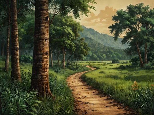 Auf dem Bild ist ein malerischer Weg zu sehen, der durch eine grüne Landschaft führt. Die Umgebung ist von üppigen, hohen Bäumen umgeben, die eine friedliche Atmosphäre schaffen. An den Seiten des Weges wachsen verschiedene Pflanzen und Gräser, die die Natur lebendig wirken lassen.In der Tierwelt könnten hier verschiedene Tiere leben, wie Vögel, die in den Bäumen nisten, sowie kleine Säugetiere, die sich im Unterholz verstecken. Man könnte sich auch vorstellen, dass Schmetterlinge und andere Insekten um die bunten Blumen fliegen, die den Boden zieren.Die sanften Hügel im Hintergrund vervollständigen dieses idyllische Landschaftsbild und laden dazu ein, den Weg entlangzuschreiten und die Schönheit der Natur zu genießen.